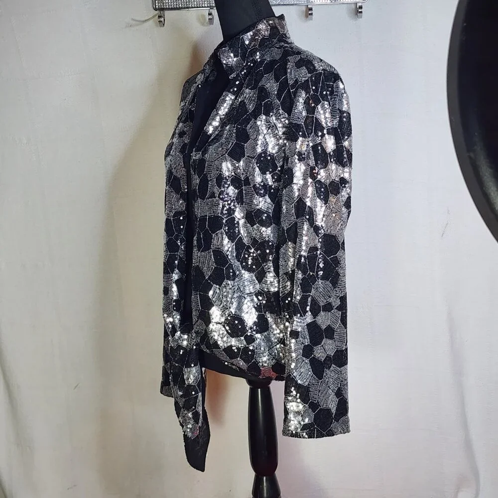 Chico's Black Silver Sequin Twilight Dazzle Tropez Poly Jacket Sz Chico 3 US XL - Picture 9 of 16